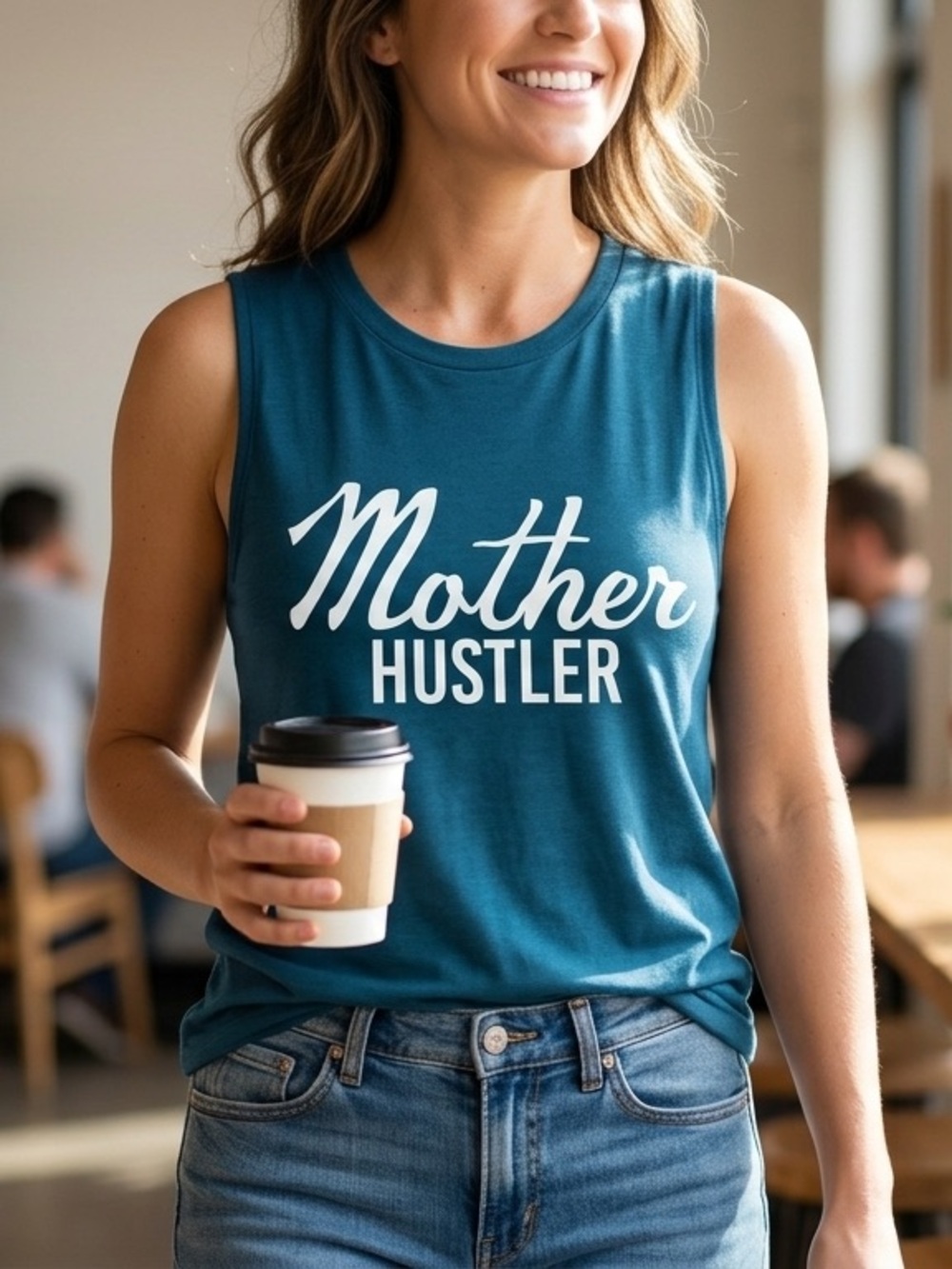 Mother Hustler Graphic Muscle Tank Blue Mom Tee Sleeveless Size Small